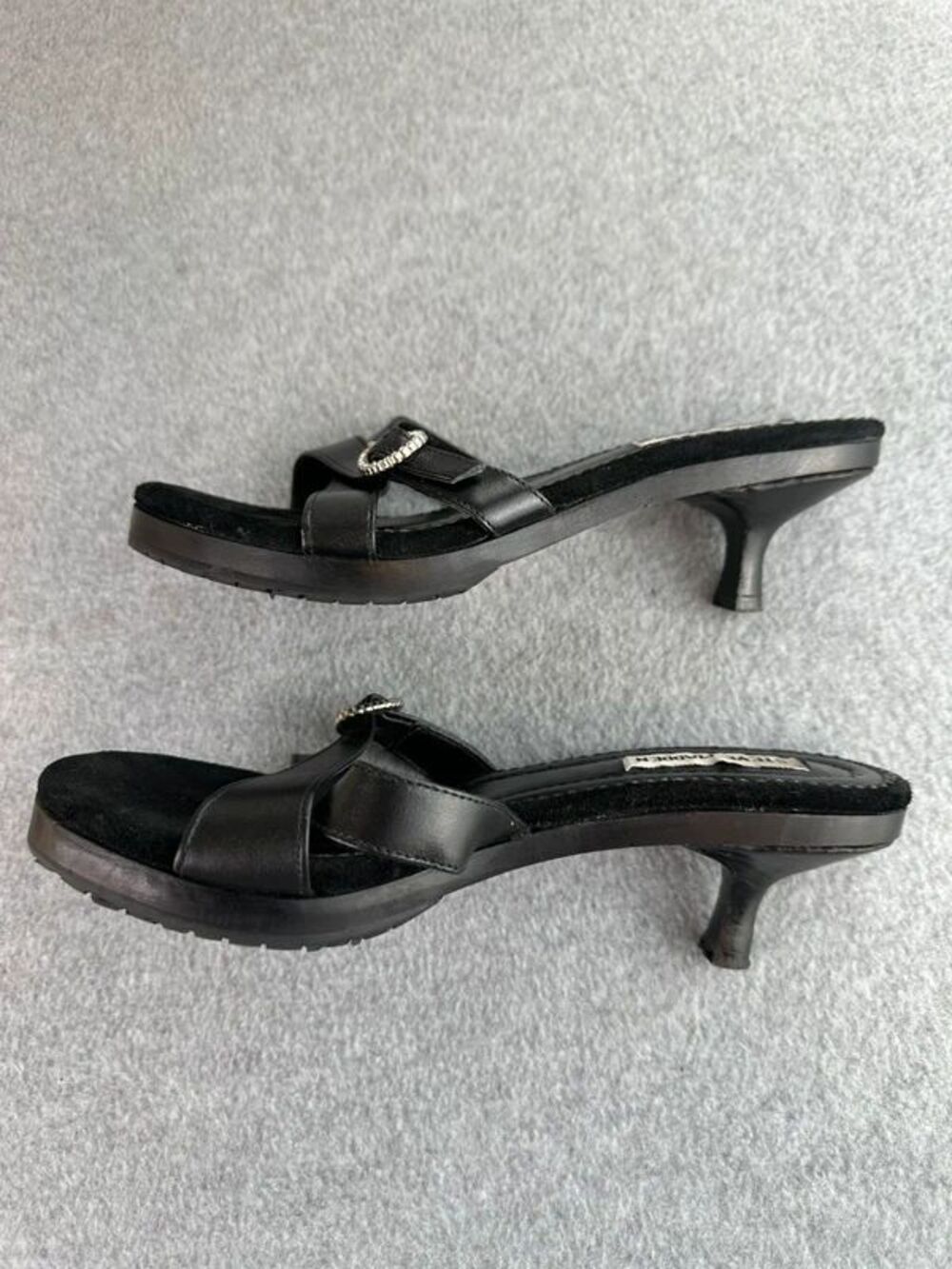 Vintage 90s Y2K Steve Madden Black Kitten Heel Size 7 Rhinestone Wooden Heel - Picture 6 of 10